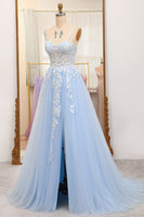 Load image into Gallery viewer, Sky Blue A Line Tulle Appliqued Long Corset Prom Dress With Front Slit