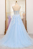 Load image into Gallery viewer, Sky Blue A Line Tulle Appliqued Long Corset Prom Dress With Front Slit