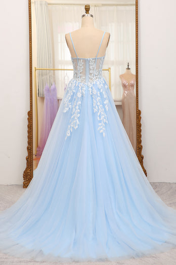 Sky Blue A Line Tulle Appliqued Long Corset Prom Dress With Front Slit