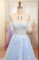 Load image into Gallery viewer, Sky Blue A Line Tulle Appliqued Long Corset Prom Dress With Front Slit