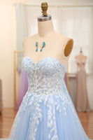 Load image into Gallery viewer, Sky Blue A Line Tulle Appliqued Long Corset Prom Dress With Front Slit