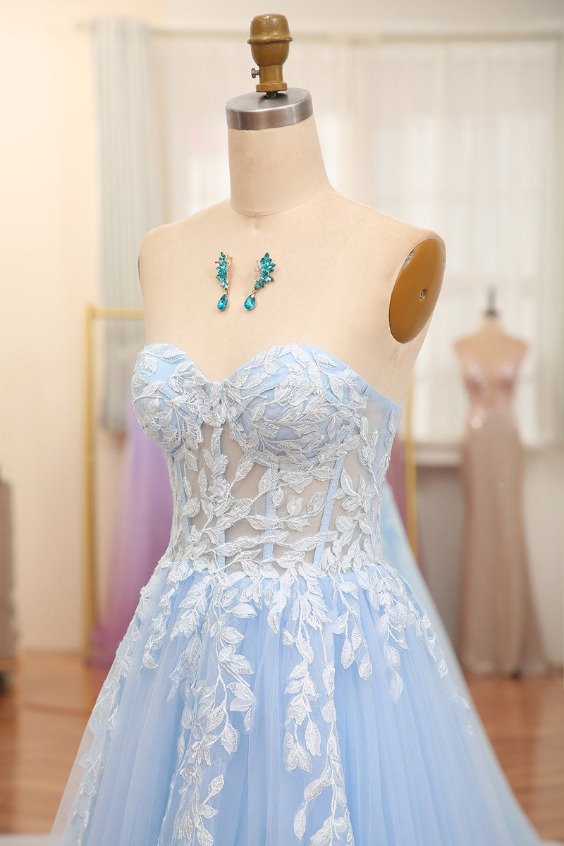 Load image into Gallery viewer, Sky Blue A Line Tulle Appliqued Long Corset Prom Dress With Front Slit