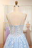 Load image into Gallery viewer, Sky Blue A Line Tulle Appliqued Long Corset Prom Dress With Front Slit
