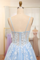 Load image into Gallery viewer, Sky Blue A Line Tulle Appliqued Long Corset Prom Dress With Front Slit