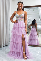Load image into Gallery viewer, Mauve A Line Tulle Appliques Long Corset Tiered Prom Dress With Slit