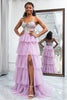 Load image into Gallery viewer, Mauve A Line Tulle Appliques Long Corset Tiered Prom Dress With Slit