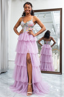 Load image into Gallery viewer, Mauve A Line Tulle Appliques Long Corset Tiered Prom Dress With Slit