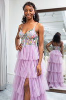 Load image into Gallery viewer, Mauve A Line Tulle Appliques Long Corset Tiered Prom Dress With Slit