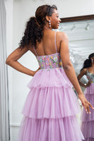 Load image into Gallery viewer, Mauve A Line Tulle Appliques Long Corset Tiered Prom Dress With Slit