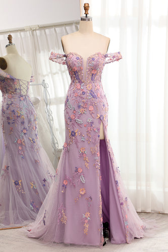 Light Purple Off The Shoulder Long Embroidered Mermaid Prom Dress Slit