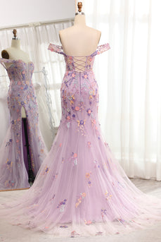 Light Purple Off The Shoulder Long Embroidered Mermaid Prom Dress Slit