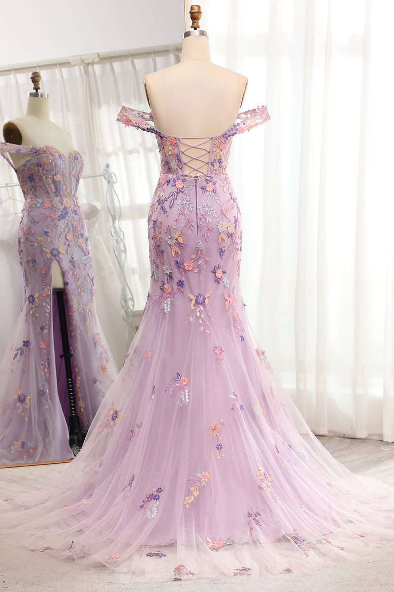 Load image into Gallery viewer, Light Purple Off The Shoulder Long Embroidered Mermaid Prom Dress Slit