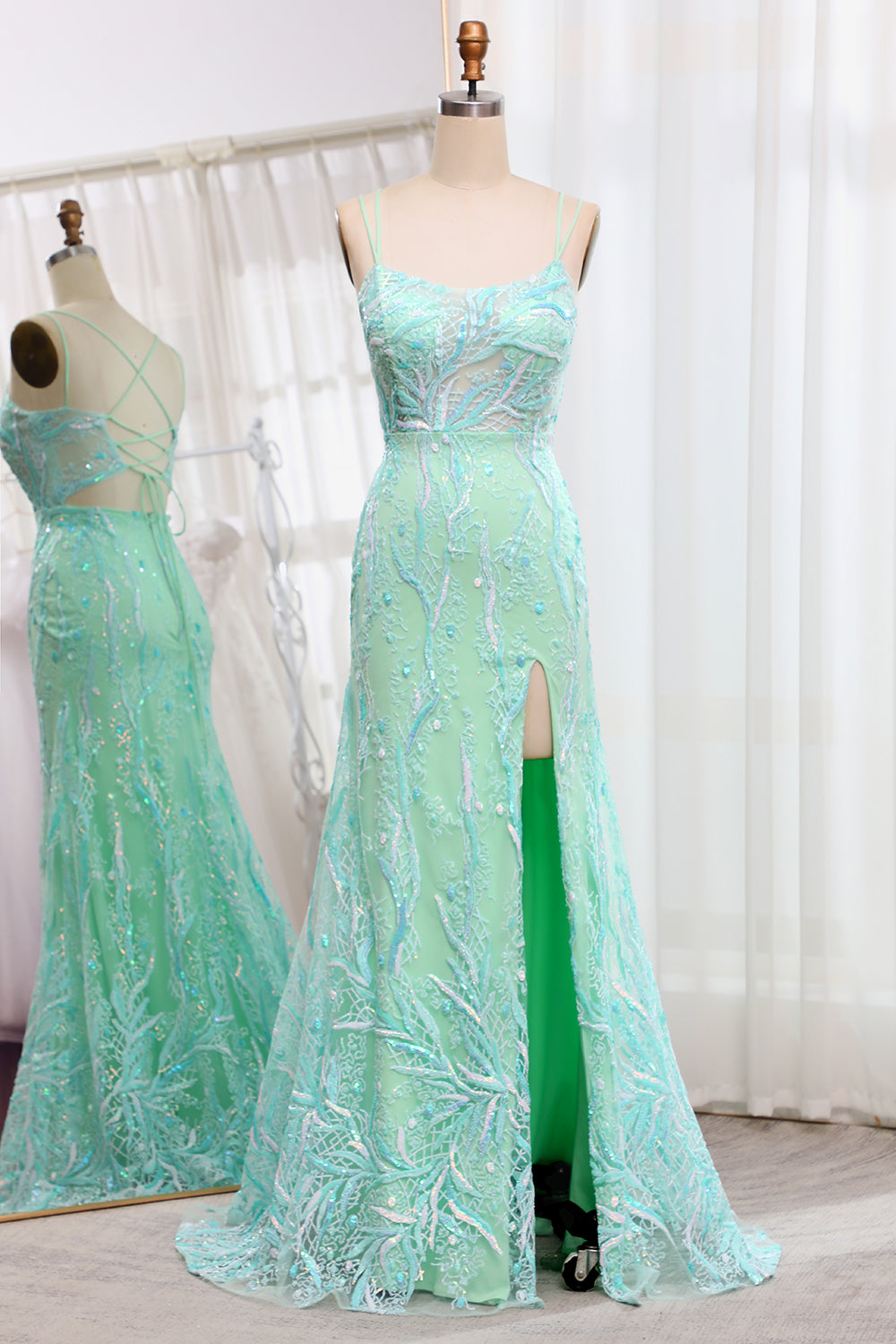 Green Mermaid Lace-Up Back Sequins Prom Dress with Slit