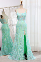 Load image into Gallery viewer, Green Mermaid Lace-Up Back Sequins Prom Dress with Slit