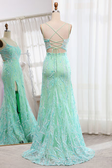 Green Mermaid Lace-Up Back Sequins Prom Dress with Slit