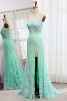 Load image into Gallery viewer, Green Mermaid Lace-Up Back Sequins Prom Dress with Slit