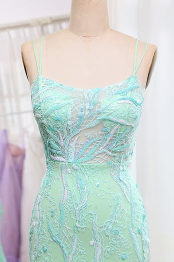 Green Mermaid Lace-Up Back Sequins Prom Dress with Slit