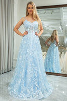 Load image into Gallery viewer, Sky Blue Tulle A Line Spaghetti Straps Long Corset Prom Dress With Appliques