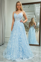Load image into Gallery viewer, Sky Blue Tulle A Line Spaghetti Straps Long Corset Prom Dress With Appliques