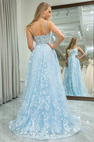 Load image into Gallery viewer, Sky Blue Tulle A Line Spaghetti Straps Long Corset Prom Dress With Appliques