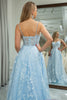 Load image into Gallery viewer, Sky Blue Tulle A Line Spaghetti Straps Long Corset Prom Dress With Appliques