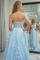 Load image into Gallery viewer, Sky Blue Tulle A Line Spaghetti Straps Long Corset Prom Dress With Appliques