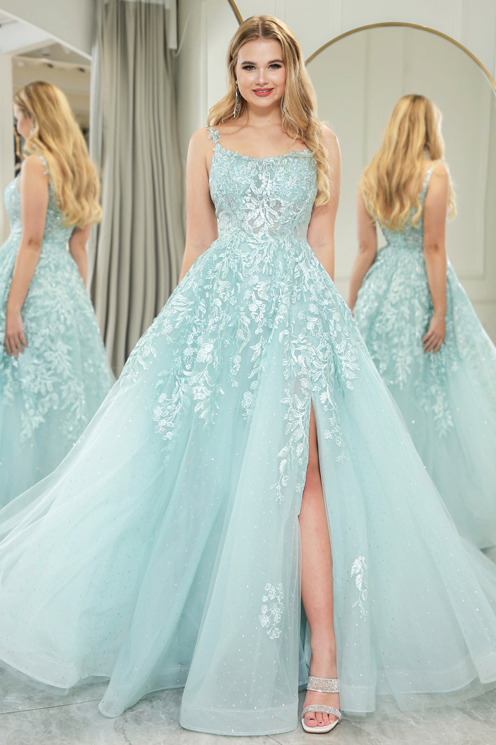 Mint Tulle A Line Appliqued Long Prom Dress With Slit