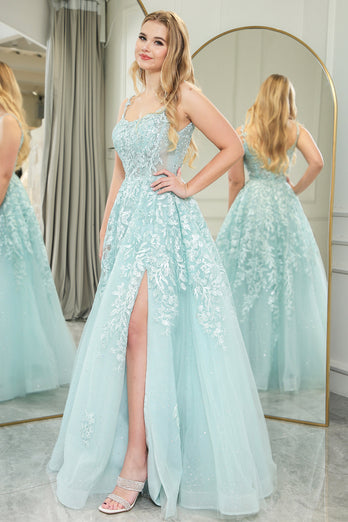 Mint Tulle A Line Appliqued Long Prom Dress With Slit