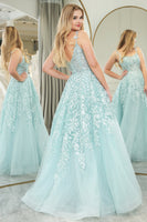 Load image into Gallery viewer, Mint Tulle A Line Appliqued Long Prom Dress With Slit