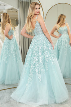 Mint Tulle A Line Appliqued Long Prom Dress With Slit
