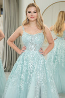 Load image into Gallery viewer, Mint Tulle A Line Appliqued Long Prom Dress With Slit