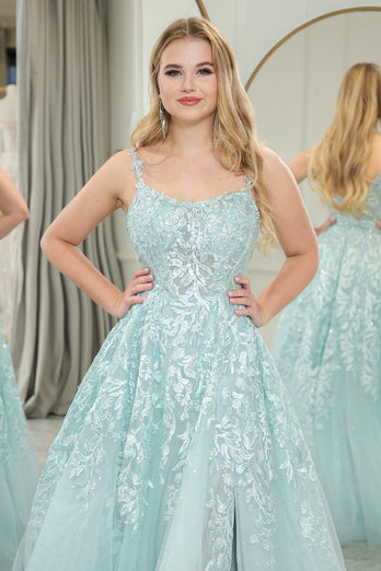 Mint Tulle A Line Appliqued Long Prom Dress With Slit