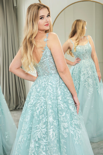 Mint Tulle A Line Appliqued Long Prom Dress With Slit