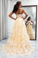 Load image into Gallery viewer, Yellow Tulle A Line Long Tiered Prom Dress With Prints