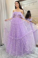 Load image into Gallery viewer, Lilac Tulle A Line Off the Shoulder Long Corset Prom Dress