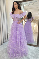 Load image into Gallery viewer, Lilac Tulle A Line Off the Shoulder Long Corset Prom Dress