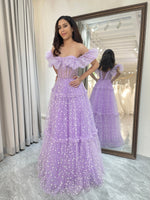 Load image into Gallery viewer, Lilac Tulle A Line Off the Shoulder Long Corset Prom Dress