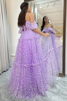 Load image into Gallery viewer, Lilac Tulle A Line Off the Shoulder Long Corset Prom Dress