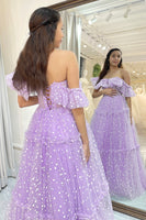 Load image into Gallery viewer, Lilac Tulle A Line Off the Shoulder Long Corset Prom Dress