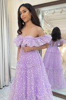 Load image into Gallery viewer, Lilac Tulle A Line Off the Shoulder Long Corset Prom Dress