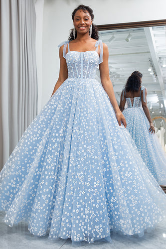 Sky Blue A Line Long Corset Printed Prom Dress With Adjustable Straps