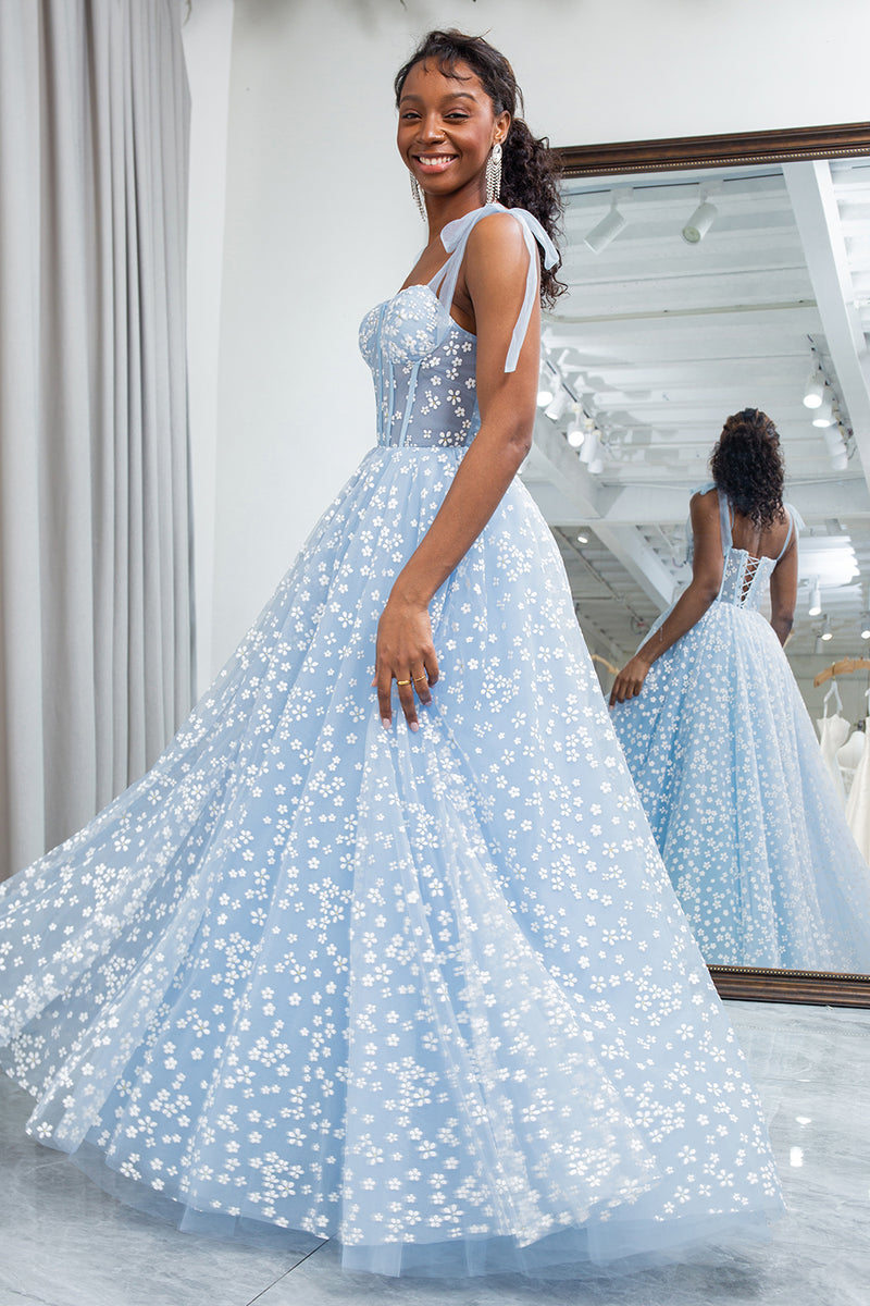 Load image into Gallery viewer, Sky Blue A Line Long Corset Printed Prom Dress With Adjustable Straps