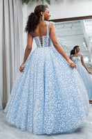 Load image into Gallery viewer, Sky Blue A Line Long Corset Printed Prom Dress With Adjustable Straps