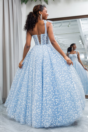 Sky Blue A Line Long Corset Printed Prom Dress With Adjustable Straps