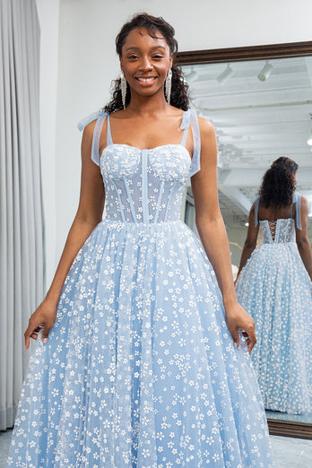 Sky Blue A Line Long Corset Printed Prom Dress With Adjustable Straps