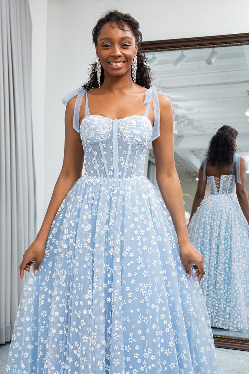 Load image into Gallery viewer, Sky Blue A Line Long Corset Printed Prom Dress With Adjustable Straps
