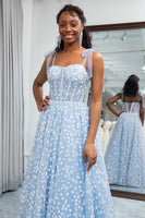 Load image into Gallery viewer, Sky Blue A Line Long Corset Printed Prom Dress With Adjustable Straps