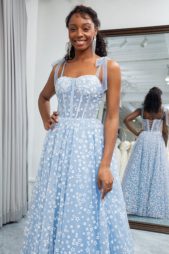 Sky Blue A Line Long Corset Printed Prom Dress With Adjustable Straps