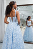 Load image into Gallery viewer, Sky Blue A Line Long Corset Printed Prom Dress With Adjustable Straps