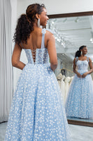 Load image into Gallery viewer, Sky Blue A Line Long Corset Printed Prom Dress With Adjustable Straps